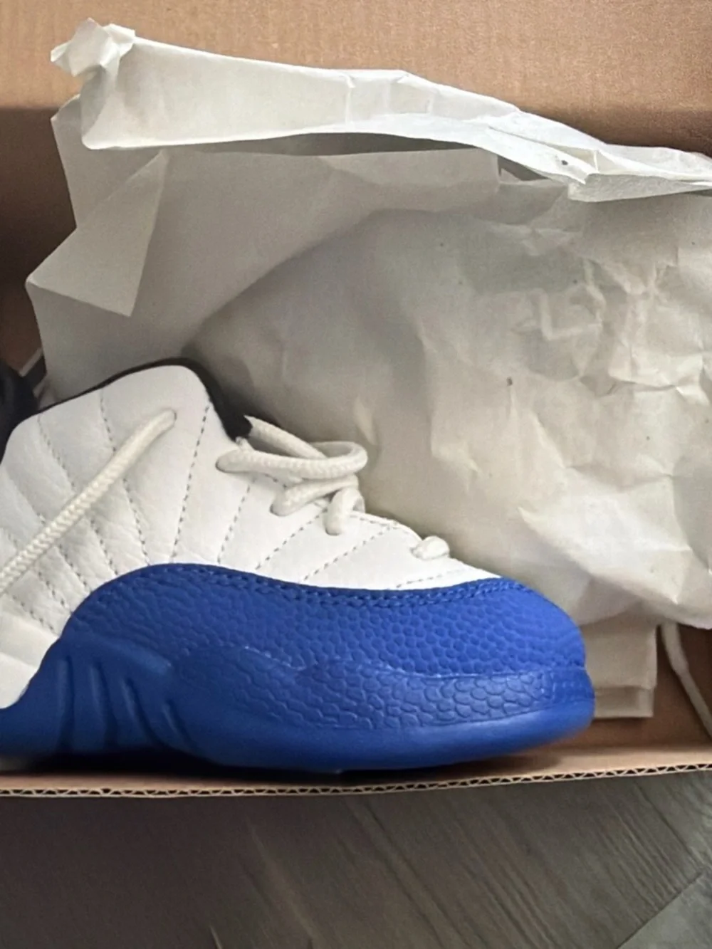 Jordan 12 Retro “Blueberry” Kids TD White and Blue Basketball Sneakers